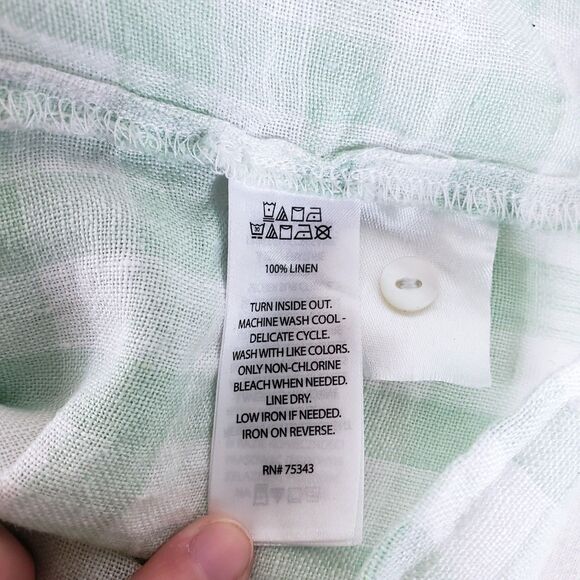 Cottagecore Gingham 100% Linen Top Womens XL Puff Sleeve Pastel Farm Mint Green - Picture 7 of 7